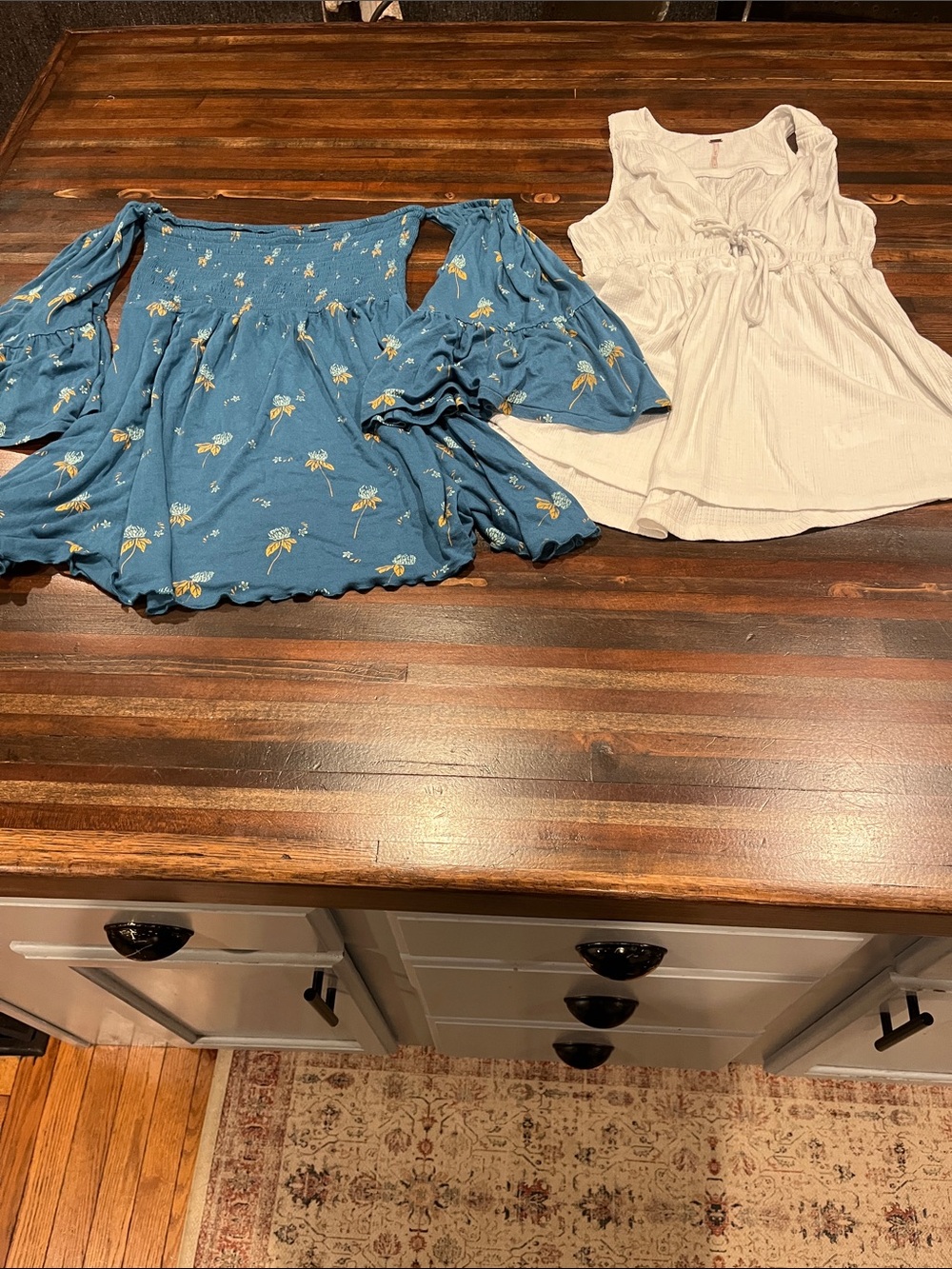 Blue Floral Off-Shoulder Top and White Ruffled Tank Duo True to medium size